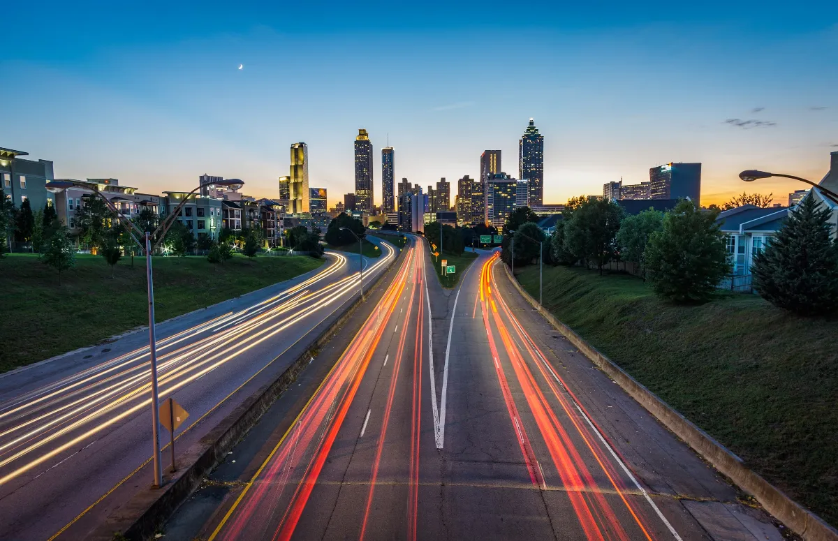 Evening highway overview with time lapse lights